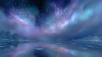 Mystical arctic landscape with northern lights dancing across starry night sky, reflecting in calm frozen lake waters surrounded by snow-covered mountains.