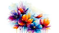 Vibrant watercolor flowers with dripping paint effects on white background. Colorful floral art with purple, orange and blue blooms for creative projects.