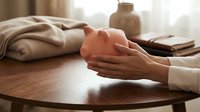 Peaceful hands in prayer position on wooden table creating serene meditation moment for mindfulness and spiritual wellness practices.