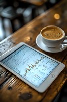 Fresh coffee cup next to tablet displaying financial market data charts on wooden table, with soft bokeh background creating modern business atmosphere.