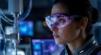 Young female scientist wearing futuristic smart glasses with holographic display working in modern laboratory with advanced technology equipment.