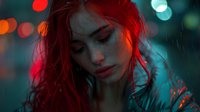 Young woman with red hair in rain at night with bokeh lights and moody atmosphere, eyes closed in contemplative moment. Artistic portrait with neon urban lighting.