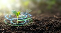 Young green plant seedling emerging from dark soil with glowing digital protection shield rings symbolizing growth security and environmental technology innovation.