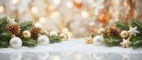 Festive holiday arrangement with evergreen branches, gold and white ornaments, pinecones, and star decorations on snowy surface with bokeh background for seasonal marketing and greeting card designs.