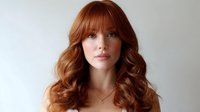 Young woman with natural copper red wavy hair, bangs and subtle makeup poses against light gray background, wearing delicate gold necklace. Professional beauty portrait.
