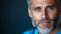 Confident mature Caucasian man with gray beard and striking blue eyes wearing blue shirt against dark background, smiling warmly at camera in professional portrait.