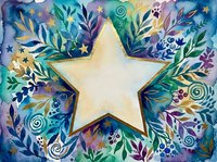 Watercolor star surrounded by colorful botanical elements, gold accents, swirls, and berries on a vibrant blue-purple floral background.