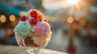Colorful ice cream sundae with cherries and fruit toppings in glass bowl against blurred city lights background at sunset.