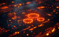 Glowing orange circuit paths and digital rings on dark electronic motherboard with bokeh light effects create futuristic technology background.