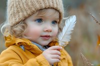 Adorable toddler girl with blue eyes wearing knit beanie and yellow jacket holding white feather outdoors in autumn nature setting for childhood concepts.