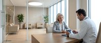 Professional mature businesswoman consulting with male colleague in modern office meeting room discussing project details and strategies.