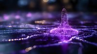 Purple digital water drop splash with ripples and particles on dark surface with bokeh lights creating futuristic liquid motion effect for technology concepts.