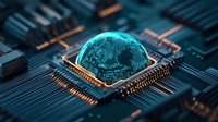 Digital globe hologram emerging from computer processor chip, glowing cyan sphere on circuit board with electronic components, futuristic technology concept.