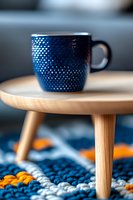 Navy blue textured coffee mug on wooden round table against colorful woven carpet background, creating cozy home atmosphere with selective focus.