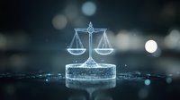 Dark background with bokeh effect creates futuristic legal technology concept for law firm presentations and articles.