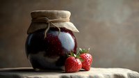 Fresh strawberry jam in rustic glass jar with burlap top and ripe strawberries on wooden surface against dark moody background. Natural food preservation concept.