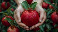 Hands holding fresh red apple with water droplets and green leaves against blurred orchard background, showcasing organic harvest.