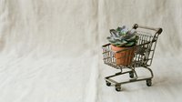 Miniature shopping cart filled with potted succulent plant on neutral fabric background, representing eco-friendly shopping and sustainable consumer choices.