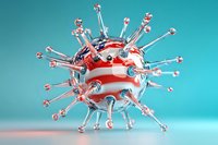 Red and white spherical virus model with protruding spikes on turquoise background shows molecular structure of pathogen for medical and scientific visualization.
