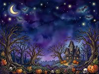 Spooky haunted house surrounded by bare twisted trees, glowing jack-o-lanterns, skulls, and magical stars under crescent moon in dark purple night sky. Halloween themed illustration for seasonal designs.