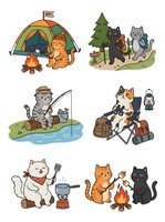 Cartoon cats enjoying outdoor camping activities including tent camping, hiking, fishing, and cooking around campfire on white background.