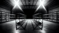 Empty industrial warehouse interior with metal shelving units and dramatic lighting creating shadows on concrete floor for logistics concepts.