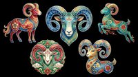 Ornate zodiac ram and goat decorative symbols with intricate patterns, isolated on transparent background. Ready for t-shirt design, clipart, stickers, sublimation, and print-on-demand projects.