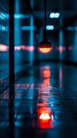 Red pendant lamp illuminating dark corridor with wet floor reflecting neon blue lights, creating moody atmospheric urban scene with dramatic lighting effects.