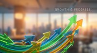 Business growth concept with colorful 3D arrows pointing upward in modern office environment representing success and financial progress.