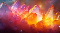 Glowing crystal formations in vibrant orange, pink and purple hues against dark background create magical mineralogical abstract composition with light effects.