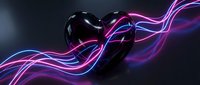 Black glossy heart with flowing purple and pink neon light trails on dark background for romantic designs and Valentine's Day projects.