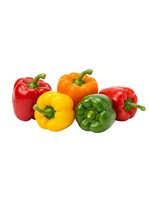 Assorted fresh bell peppers in red, yellow, orange, and green varieties isolated on white background, ready for culinary and design use.