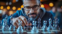 Mature bearded man in glasses making strategic move on glass chess board with metallic pieces, focused on game strategy in atmospheric lighting environment.