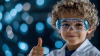 Young Caucasian boy wearing safety goggles and lab coat shows thumbs up against blue bokeh background, representing science education and STEM learning for children.