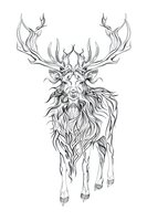 Mystical line art deer with flowing mane and intricate antlers on white background, ready for tattoo designs, coloring books and artistic projects.