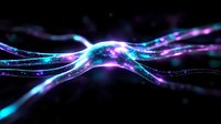 Glowing neon blue and purple light waves with sparkles flowing in dark space create dynamic motion effect for technology and science backgrounds.