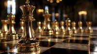 Golden chess queen piece on wooden board with dramatic lighting and blurred chess pieces in background, showcasing strategy and leadership concept.