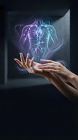 Hands holding glowing holographic human lungs with purple and cyan light effects for medical technology and healthcare innovation concepts.