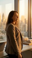 Professional woman in business casual attire gazing out high-rise office window at sunset cityscape. Corporate workplace contemplation and urban career aspirations.