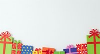 Colorful wrapped gift boxes with red bows and ribbons arranged in a row on white background, isolated for holiday greeting cards, promotional banners, and festive design projects.