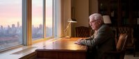 Senior man with glasses, wearing brown business suit, sitting at wooden desk with brass lamp in modern office with floor-to-ceiling windows overlooking city skyline at sunset. Professional workspace for corporate, business, and executive concepts.