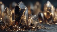 Smoky quartz crystal clusters with golden inclusions on dark background, showcasing natural mineral formation with luxurious amber tones.