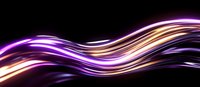 Glowing wavy lines in purple and gold colors flowing on black background create dynamic abstract light effect suitable for modern tech designs.