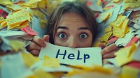 Young woman with wide eyes peeks through pile of yellow sticky notes holding help message, expressing workplace stress and overwhelming deadlines.