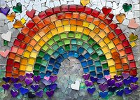 Vibrant mosaic rainbow made of colorful glass tiles with heart shapes beneath, artistic wall decoration piece against gray background for home decor and interior design.
