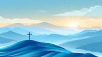 Silhouette of Christian cross on hilltop against layered blue mountain landscape at sunrise, spiritual nature background with sunlight and peaceful atmosphere.