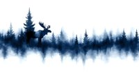 Moose silhouette in misty forest landscape with pine trees. Watercolor style wildlife scene for nature designs, wall art, and outdoor themed projects.