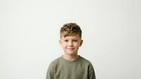 Young boy with light brown hair and fair complexion wearing olive green t-shirt, isolated on white background for portrait, advertising, children's apparel, educational materials, and family-oriented design projects.