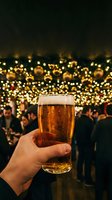 Hand holding pint glass of beer at festive outdoor gathering with golden string lights and holiday decorations in blurred background. Perfect for beverage, celebration, and seasonal marketing.