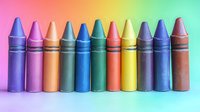 Colorful wax crayons arranged in row on rainbow gradient background, macro photography showing texture and detail of art supplies for creative projects.
